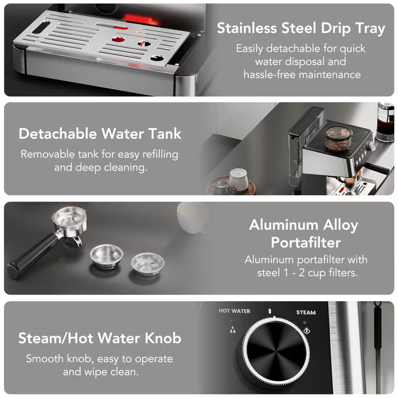 New All -In-One Espresso Machine With Built-In Grinder, 15-Bar Pressure, Steam Milk Frother Wand, Cappuccino &amp; Espresso Maker With Hot Water Dispenserno
