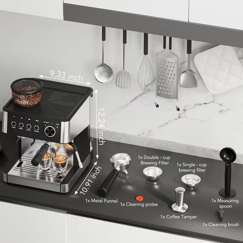New All -In-One Espresso Machine With Built-In Grinder, 15-Bar Pressure, Steam Milk Frother Wand, Cappuccino &amp; Espresso Maker With Hot Water Dispenserno