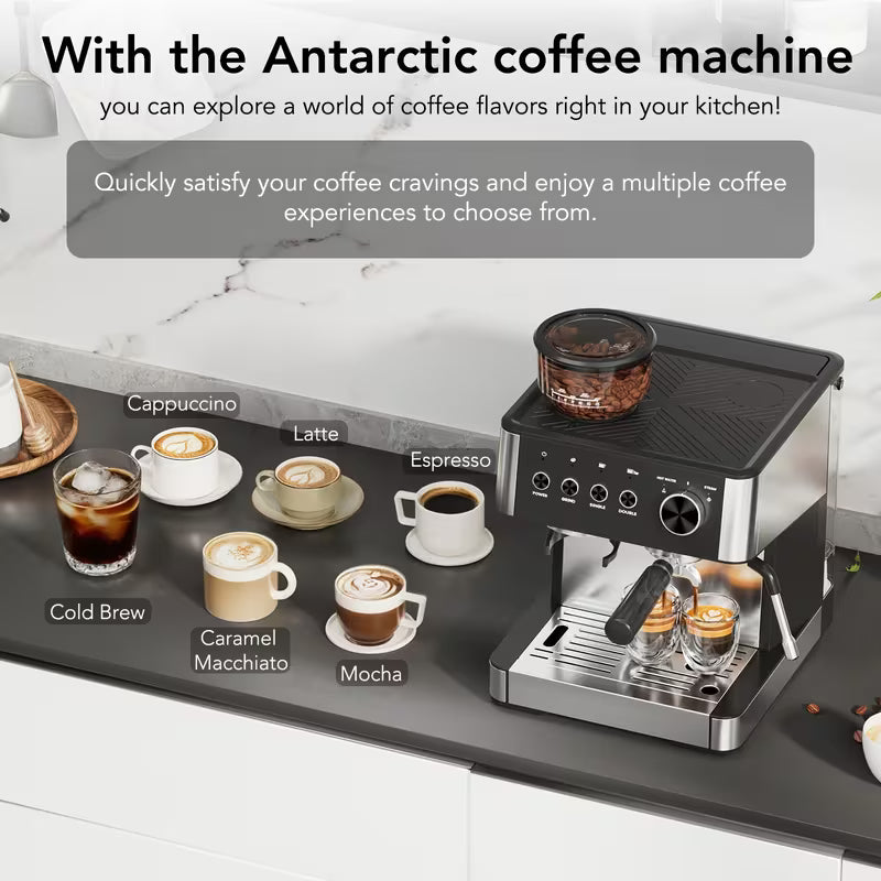 New All -In-One Espresso Machine With Built-In Grinder, 15-Bar Pressure, Steam Milk Frother Wand, Cappuccino &amp; Espresso Maker With Hot Water Dispenserno